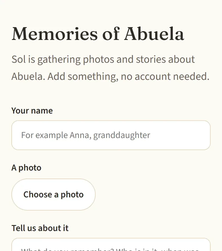 The collection page without an account: memories of Abuela