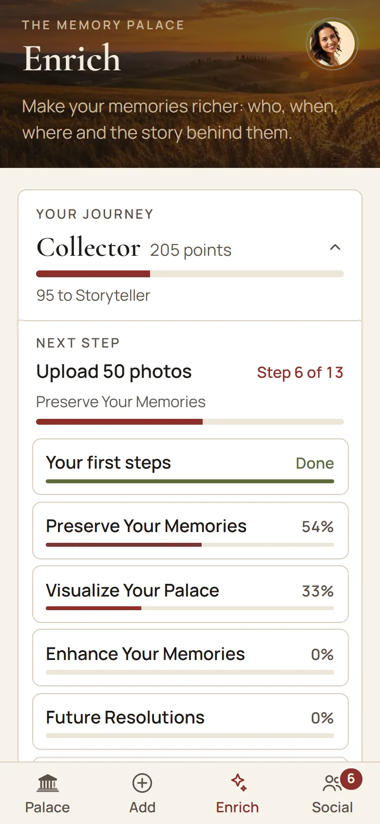 The Enrich screen: tasks such as Who is in it? with your progress