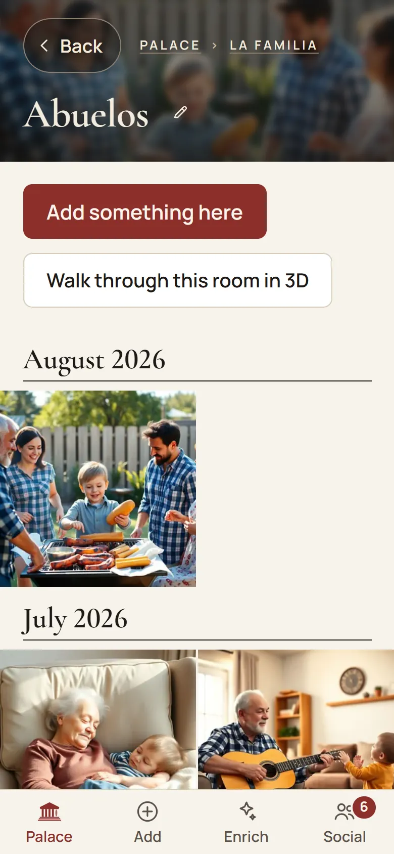 The room Abuelos in the app: the room bar, a button to walk through the room in 3D and the photos by month