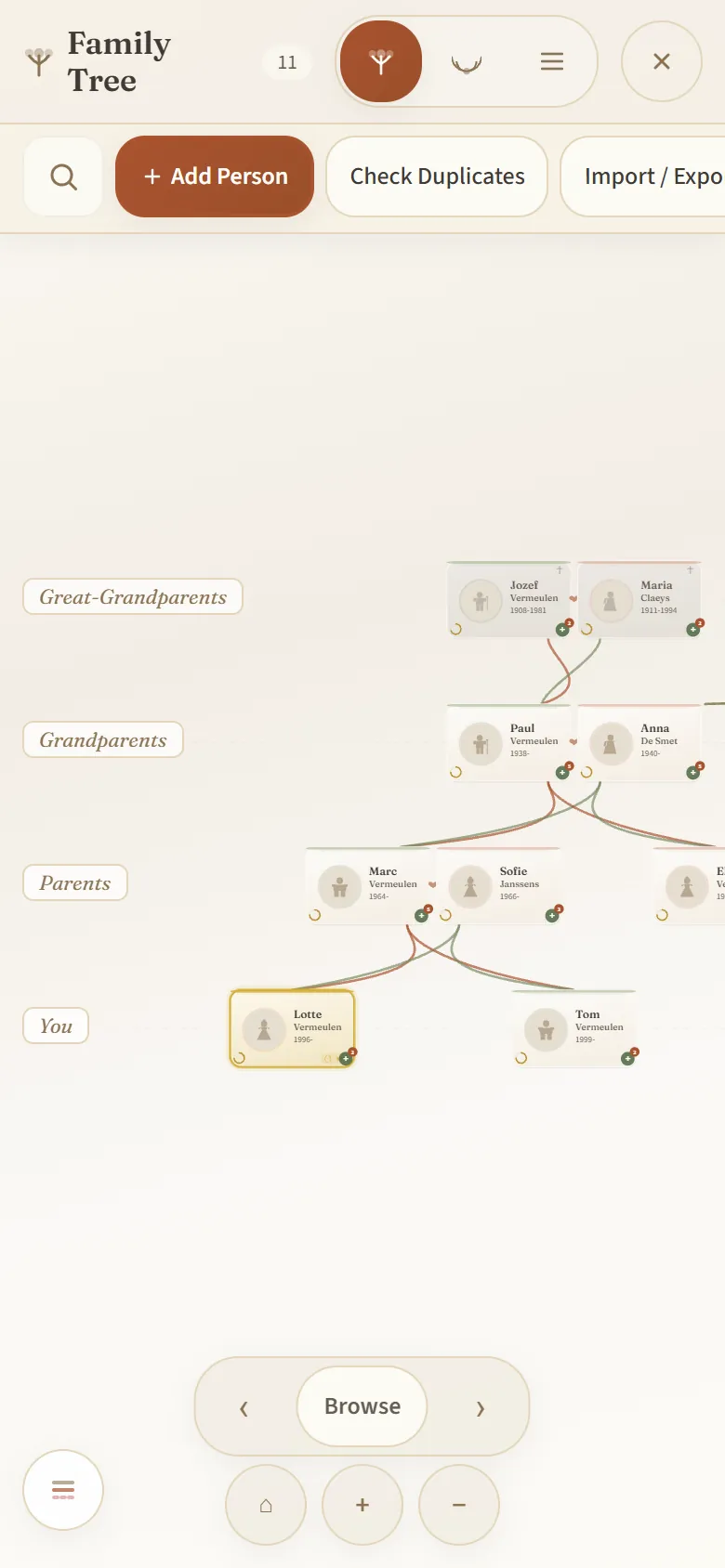 The family tree in the app: four generations of an example family