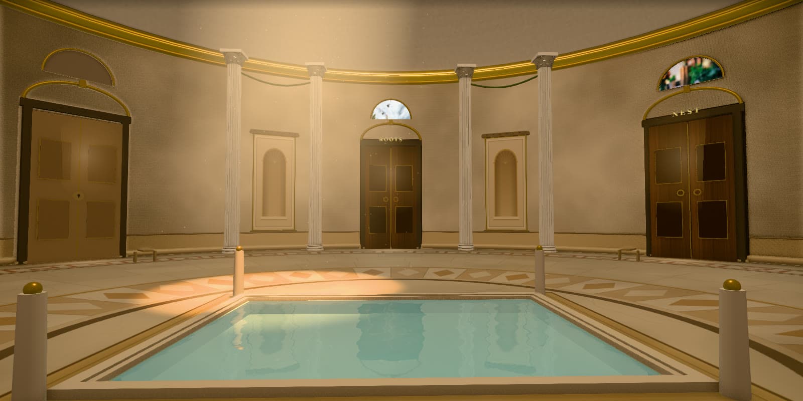De inkomhal van een Memory Palace, met deuren naar de vleugels