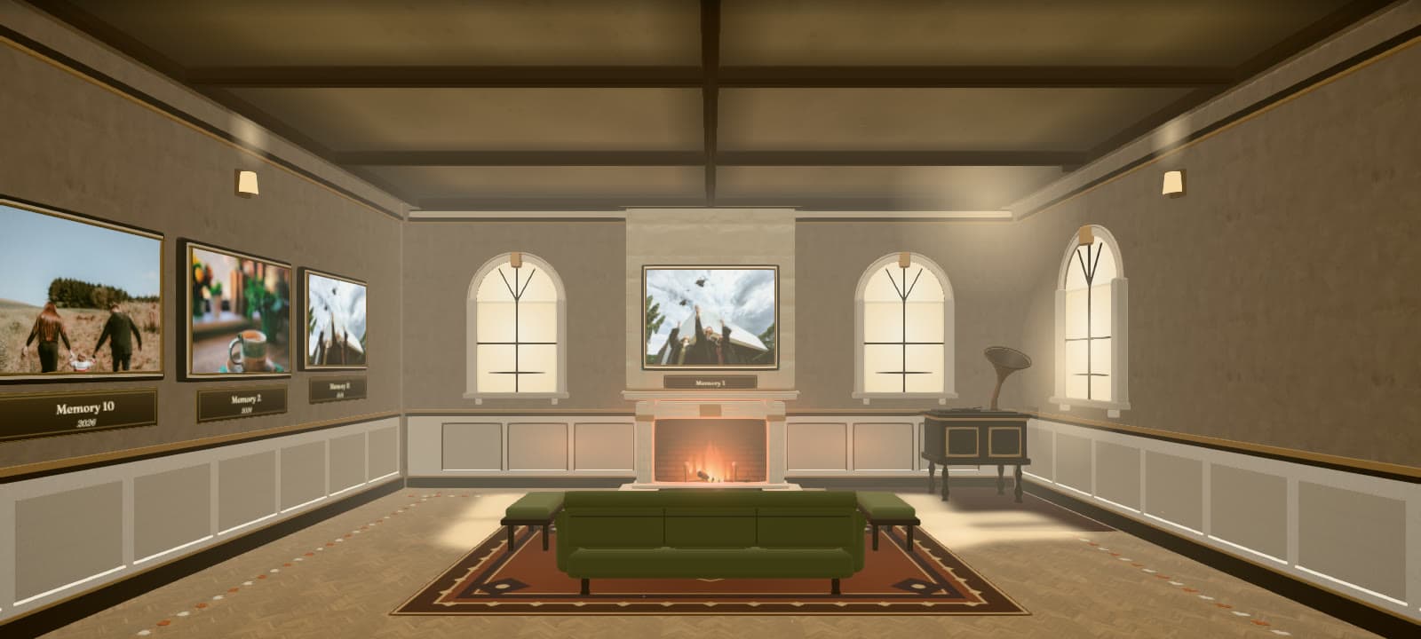 A living room with a fireplace, a green sofa and framed family photos on the wall.