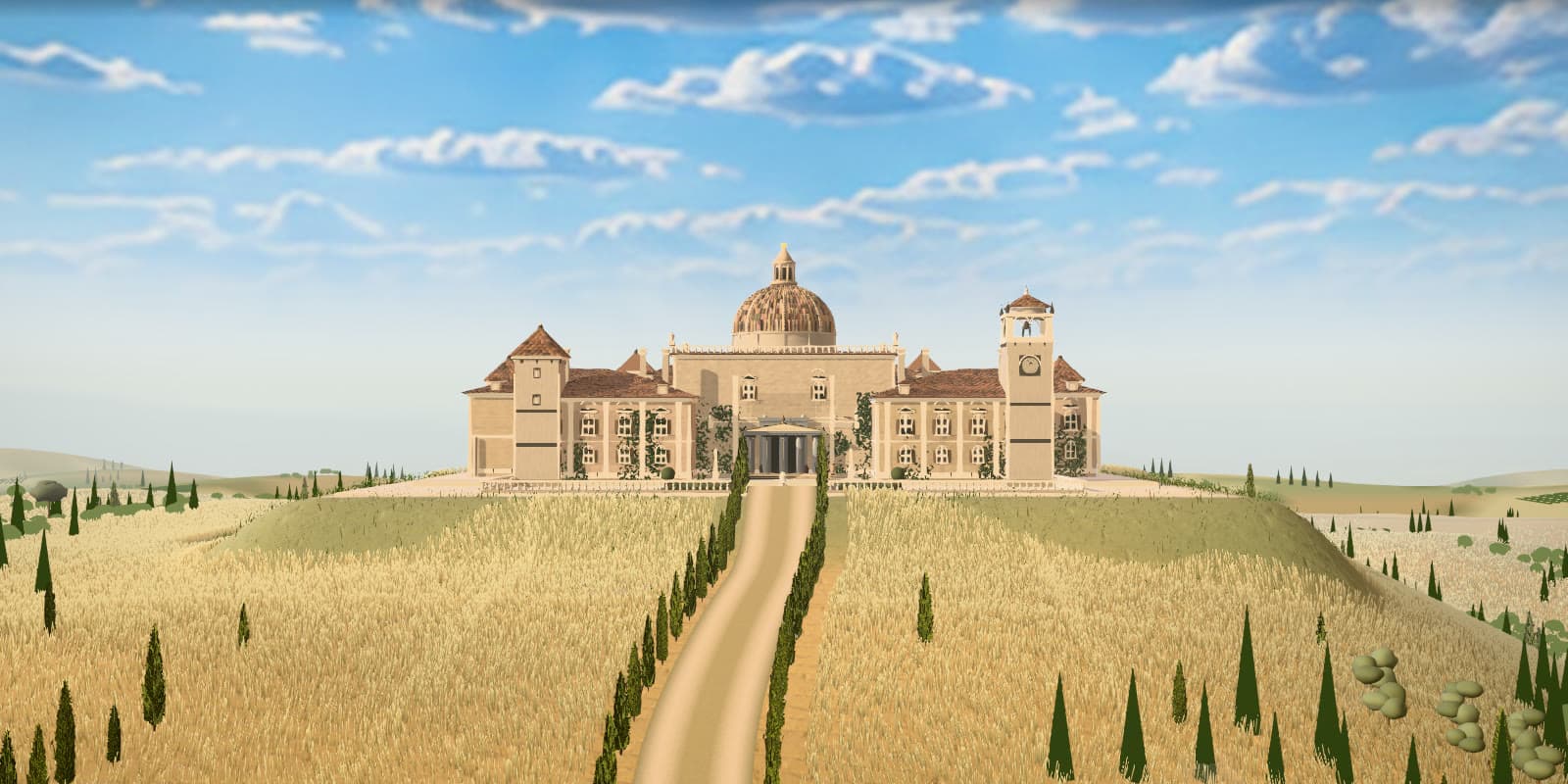 The palace of The Memory Palace: a villa with a dome on a hill, between wheat fields and cypresses, seen from the driveway.