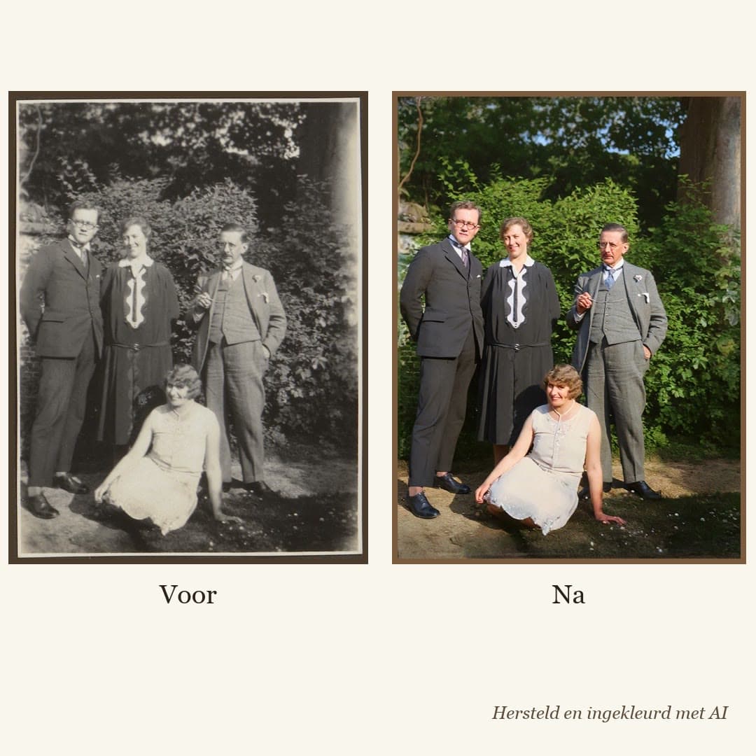 The same family photo from 1928, twice side by side: faded black and white on the left, restored and in colour on the right.