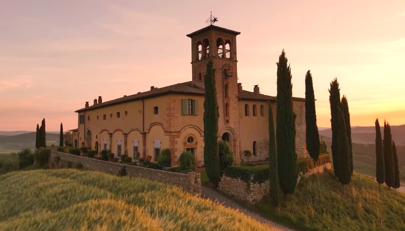 Aerial view of a Tuscan memory palace at golden hour